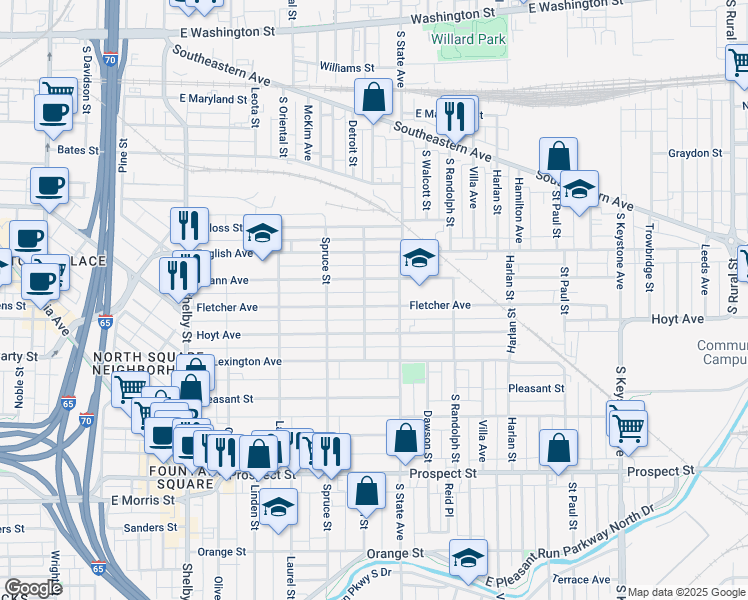 map of restaurants, bars, coffee shops, grocery stores, and more near 1616 Fletcher Avenue in Indianapolis