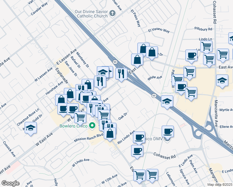 map of restaurants, bars, coffee shops, grocery stores, and more near 297 Connors Avenue in Chico