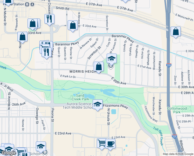 map of restaurants, bars, coffee shops, grocery stores, and more near 12792 East Park Lane Drive in Aurora