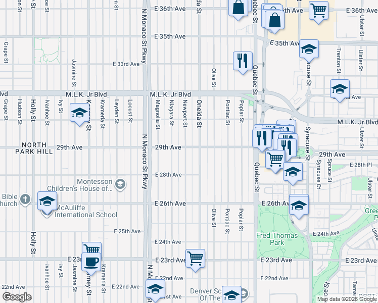 map of restaurants, bars, coffee shops, grocery stores, and more near 2855 Oneida Street in Denver