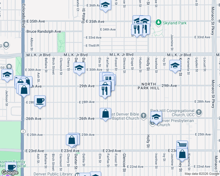 map of restaurants, bars, coffee shops, grocery stores, and more near 2823 Fairfax Street in Denver
