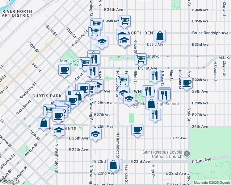 map of restaurants, bars, coffee shops, grocery stores, and more near in Denver