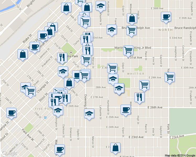 map of restaurants, bars, coffee shops, grocery stores, and more near 2829 North Lafayette Street in Denver