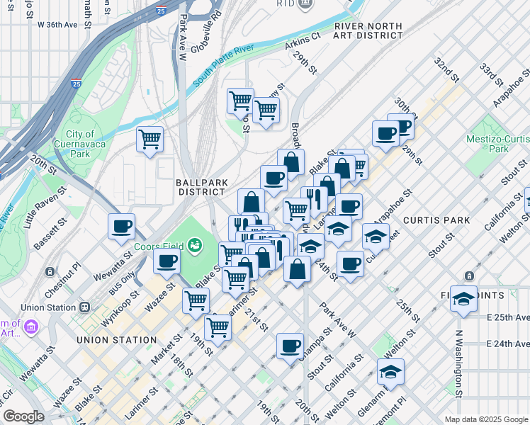 map of restaurants, bars, coffee shops, grocery stores, and more near 2340 Blake Street in Denver