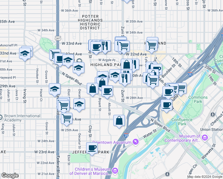 map of restaurants, bars, coffee shops, grocery stores, and more near 2794 Speer Boulevard in Denver