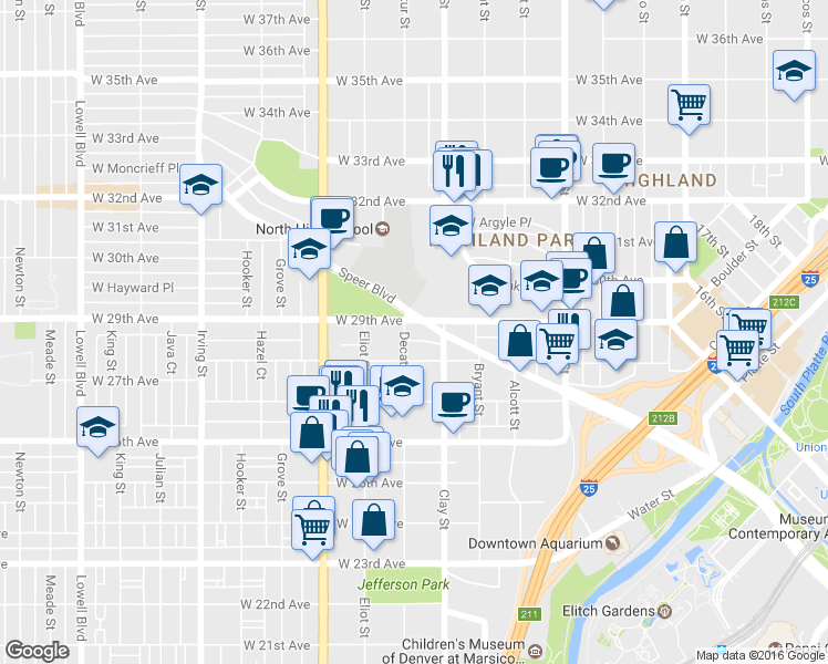 map of restaurants, bars, coffee shops, grocery stores, and more near 2719 West 28th Avenue in Denver