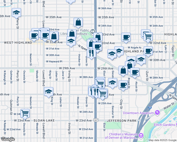 map of restaurants, bars, coffee shops, grocery stores, and more near 3115 West 28th Avenue in Denver
