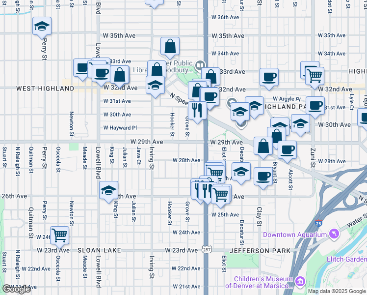 map of restaurants, bars, coffee shops, grocery stores, and more near 3115 West 28th Avenue in Denver