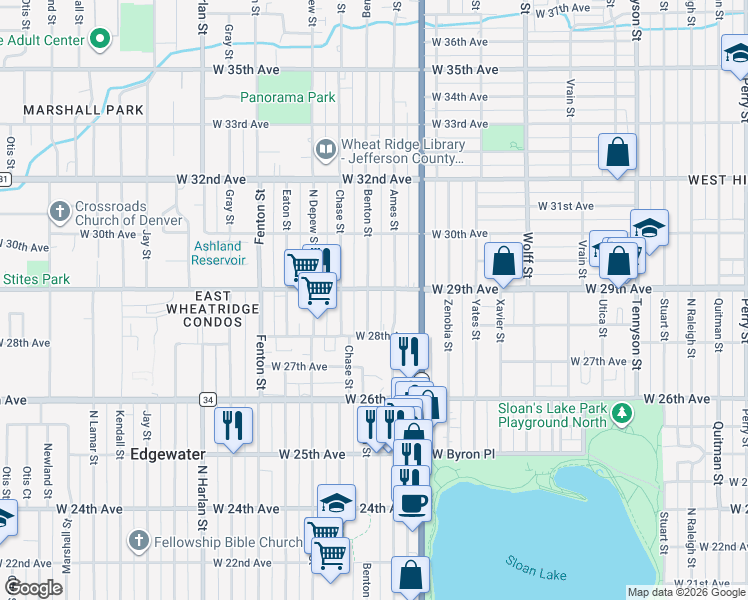 map of restaurants, bars, coffee shops, grocery stores, and more near 2828 Benton Street in Wheat Ridge