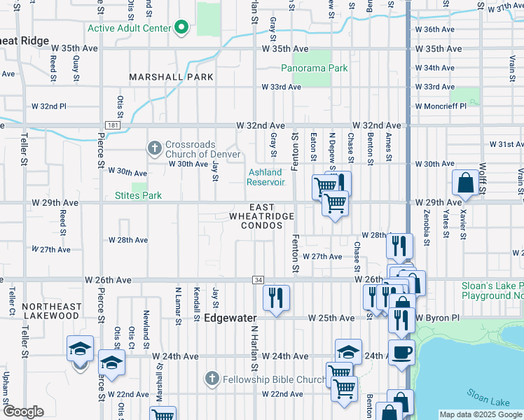 map of restaurants, bars, coffee shops, grocery stores, and more near 2841 Gray Street in Wheat Ridge
