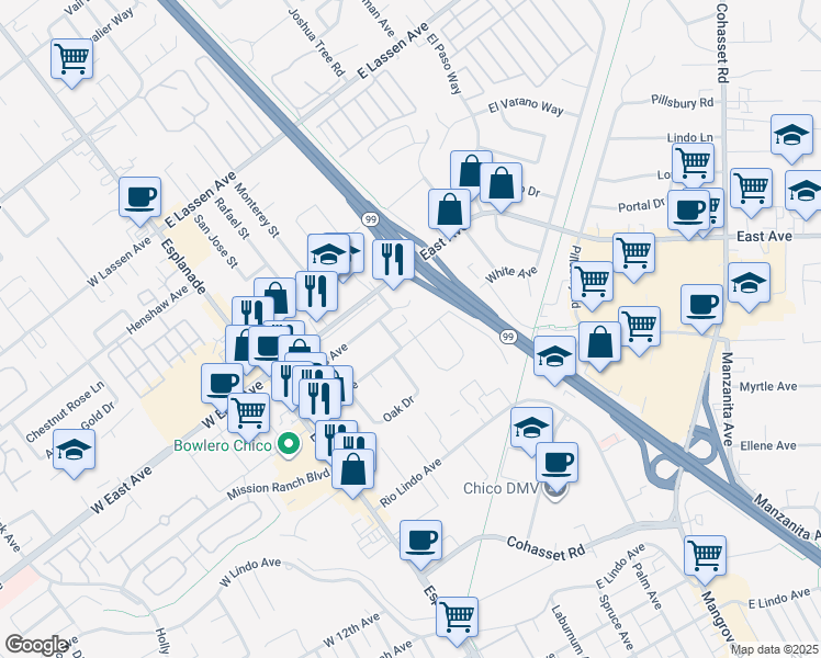 map of restaurants, bars, coffee shops, grocery stores, and more near 4 Arroyo Way in Chico