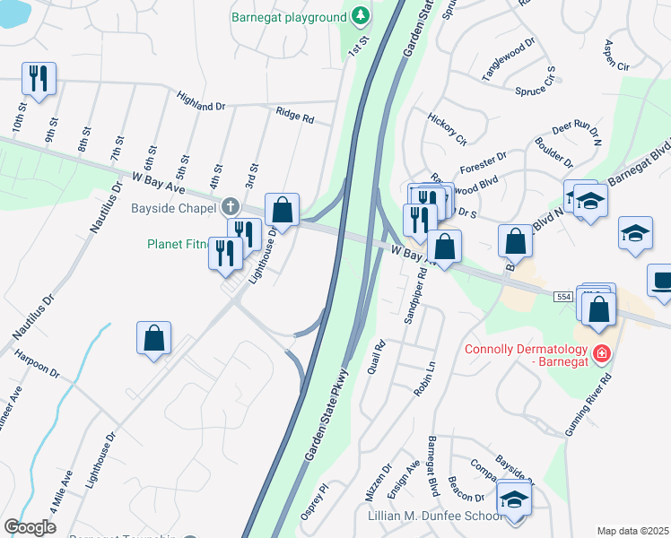 map of restaurants, bars, coffee shops, grocery stores, and more near 31 Garden Path in Barnegat Township