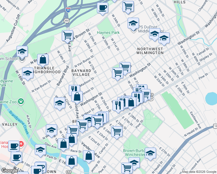 map of restaurants, bars, coffee shops, grocery stores, and more near 2618 Washington Street in Wilmington