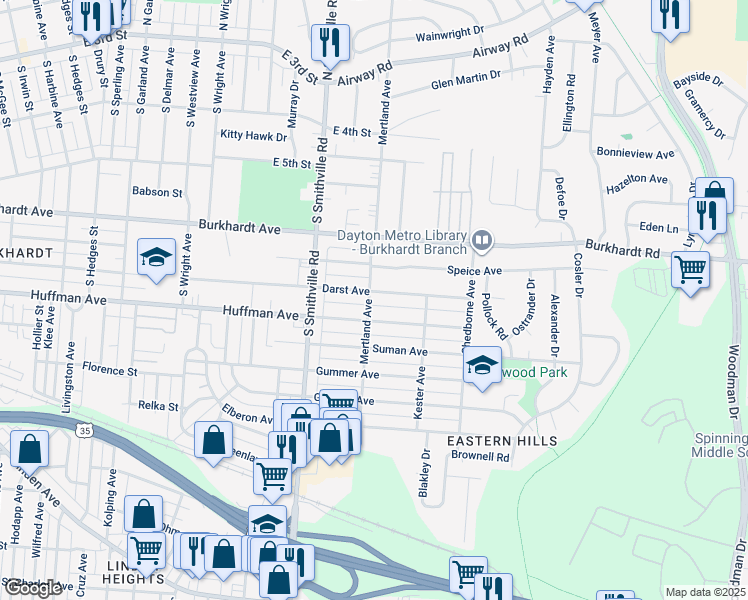 map of restaurants, bars, coffee shops, grocery stores, and more near 1665 Huffman Avenue in Dayton