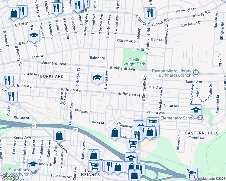map of restaurants, bars, coffee shops, grocery stores, and more near 1434 Huffman Avenue in Dayton