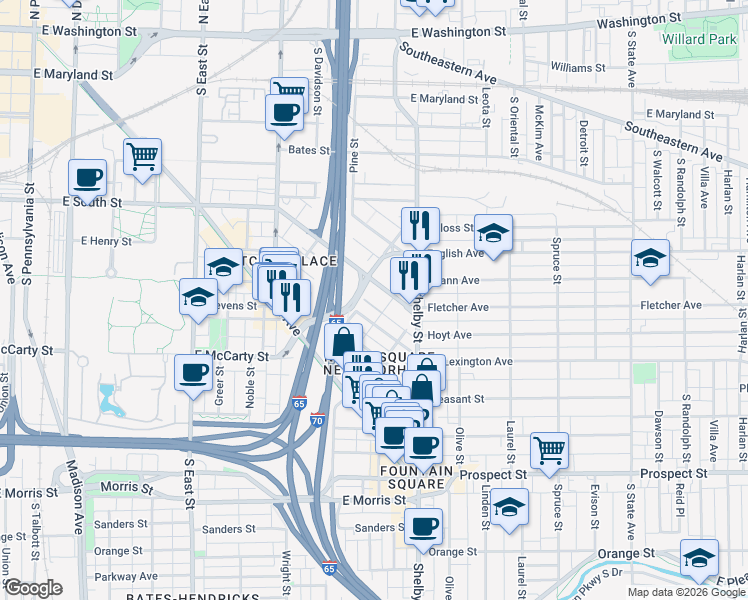 map of restaurants, bars, coffee shops, grocery stores, and more near 930 Lexington Avenue in Indianapolis