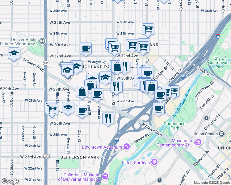 map of restaurants, bars, coffee shops, grocery stores, and more near 2850 Zuni Street in Denver