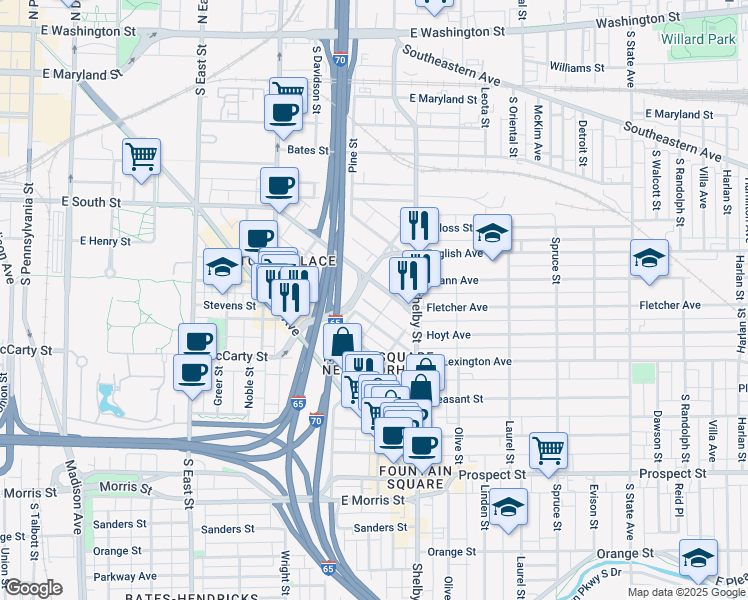 map of restaurants, bars, coffee shops, grocery stores, and more near 931 Fletcher Avenue in Indianapolis