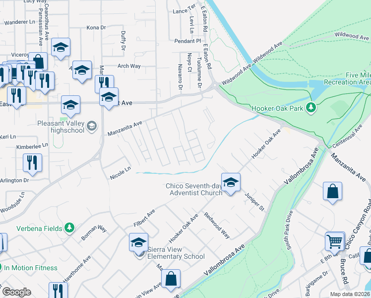 map of restaurants, bars, coffee shops, grocery stores, and more near 1675 Manzanita Avenue in Chico