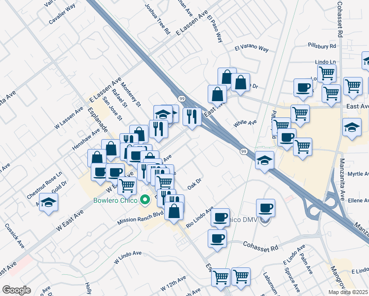 map of restaurants, bars, coffee shops, grocery stores, and more near 297 Connors Avenue in Chico