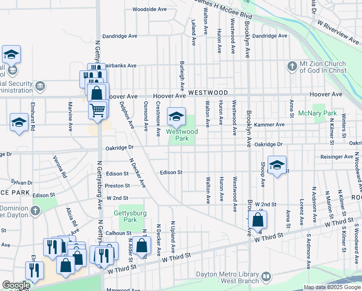 map of restaurants, bars, coffee shops, grocery stores, and more near 2805 Oakridge Drive in Dayton
