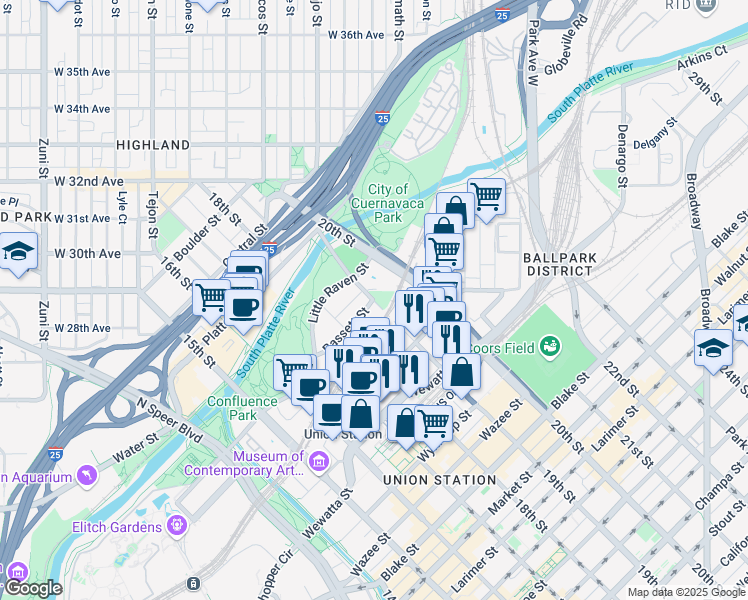 map of restaurants, bars, coffee shops, grocery stores, and more near 2101 19th Street in Denver
