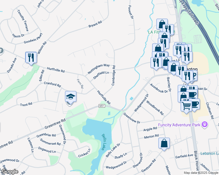 map of restaurants, bars, coffee shops, grocery stores, and more near 12 Cambridge Road in Washington Township