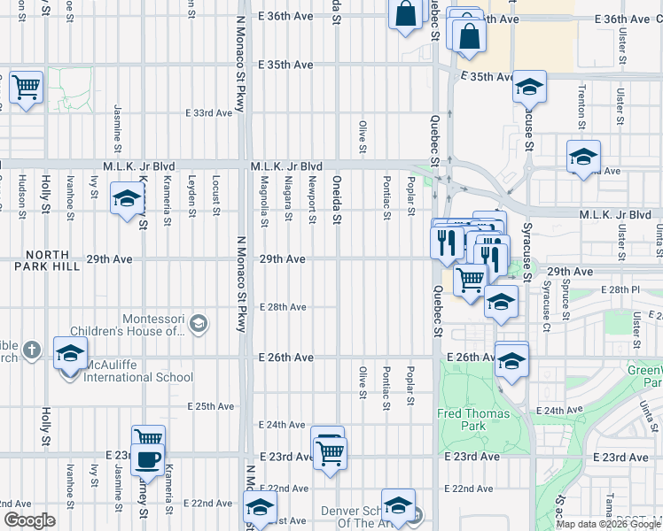 map of restaurants, bars, coffee shops, grocery stores, and more near 2855 Oneida Street in Denver