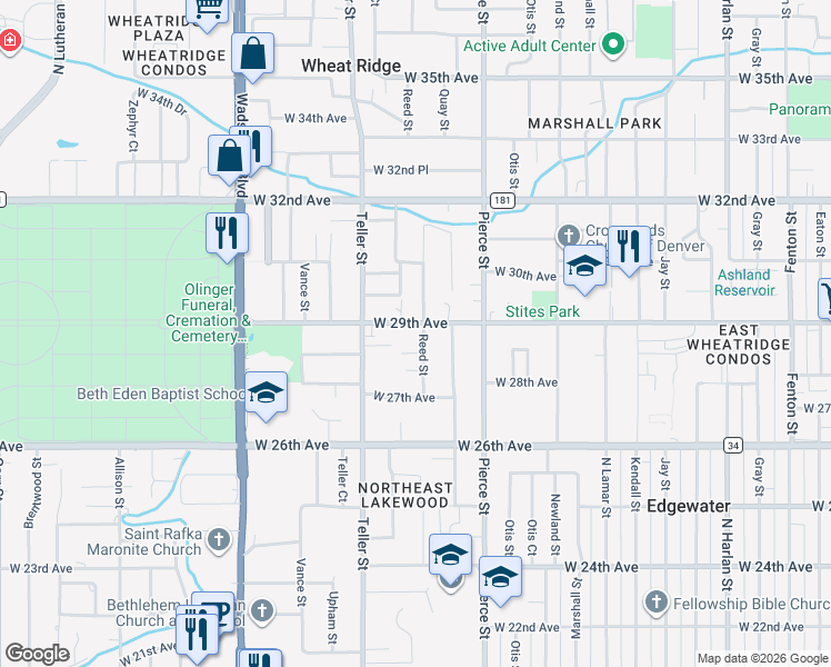 map of restaurants, bars, coffee shops, grocery stores, and more near 2831 Reed Street in Wheat Ridge