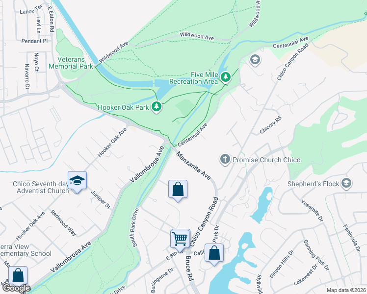 map of restaurants, bars, coffee shops, grocery stores, and more near 230 Centennial Avenue in Chico