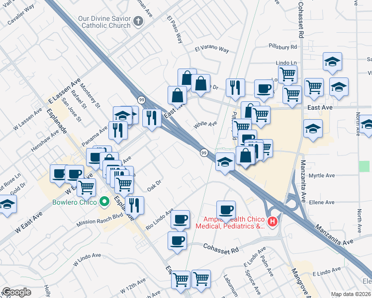 map of restaurants, bars, coffee shops, grocery stores, and more near 61 Arroyo Way in Chico