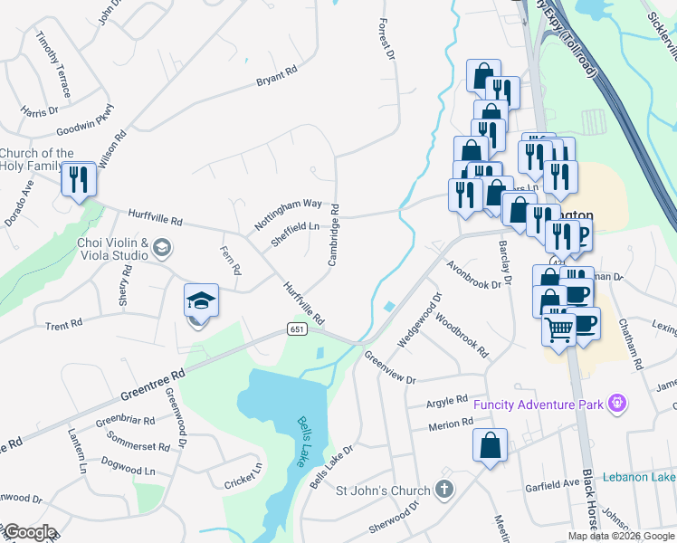 map of restaurants, bars, coffee shops, grocery stores, and more near 7 Cambridge Road in Washington Township