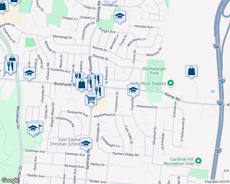 map of restaurants, bars, coffee shops, grocery stores, and more near 628 Crestmont Drive in Dayton