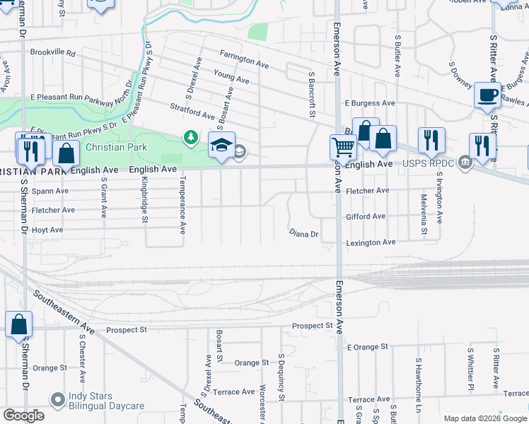 map of restaurants, bars, coffee shops, grocery stores, and more near 728 Worcester Avenue in Indianapolis