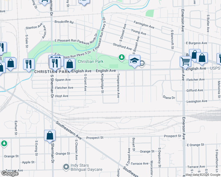 map of restaurants, bars, coffee shops, grocery stores, and more near 4318 Hoyt Avenue in Indianapolis
