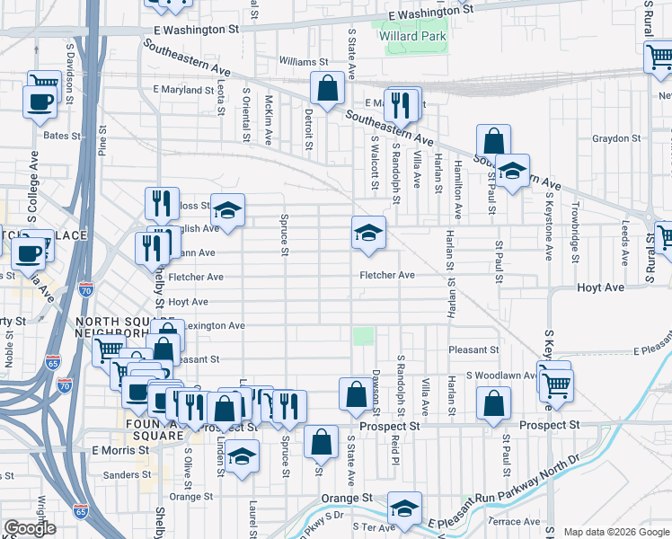 map of restaurants, bars, coffee shops, grocery stores, and more near 1623 Fletcher Avenue in Indianapolis