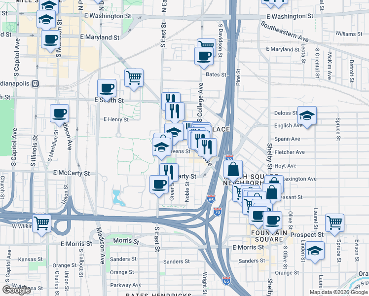 map of restaurants, bars, coffee shops, grocery stores, and more near 654 Noble Street in Indianapolis