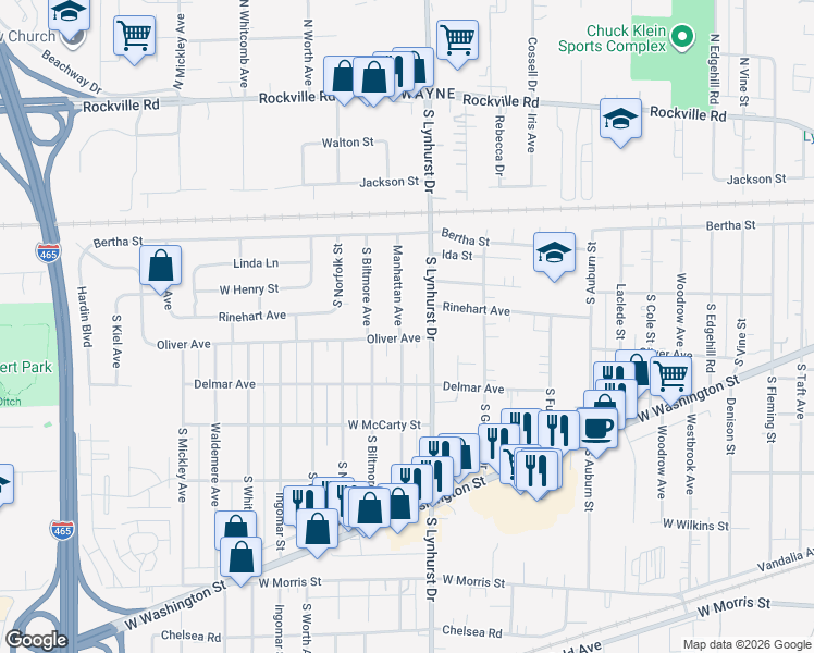 map of restaurants, bars, coffee shops, grocery stores, and more near 606 Manhattan Avenue in Indianapolis