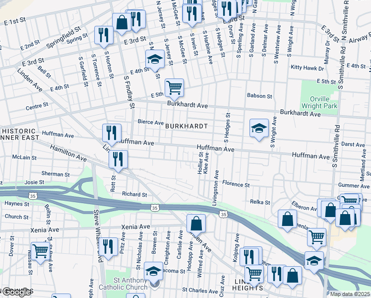 map of restaurants, bars, coffee shops, grocery stores, and more near 1020 Huffman Avenue in Dayton