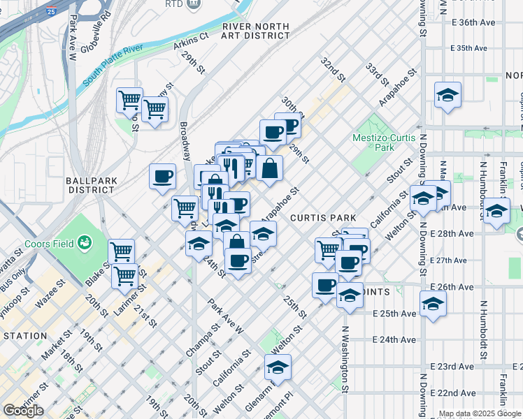 map of restaurants, bars, coffee shops, grocery stores, and more near 2600 Lawrence Street in Denver