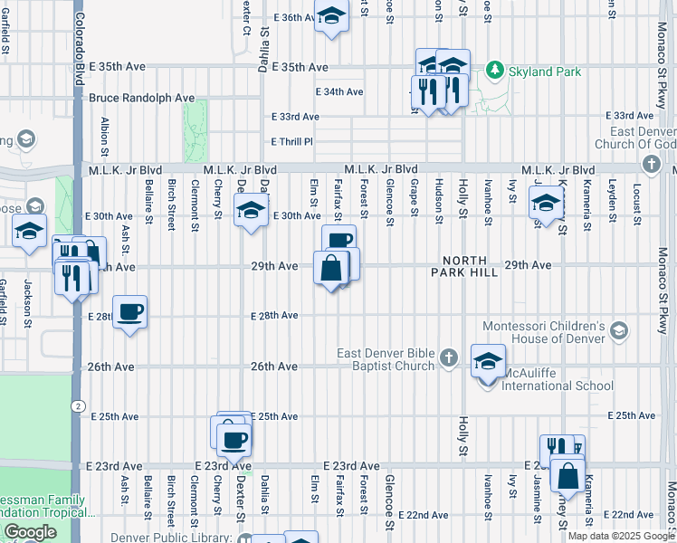 map of restaurants, bars, coffee shops, grocery stores, and more near 2898 Fairfax Street in Denver