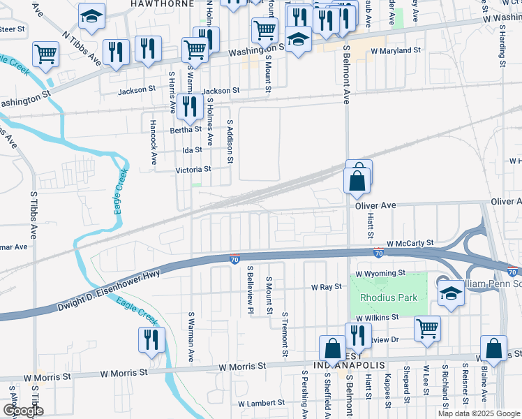 map of restaurants, bars, coffee shops, grocery stores, and more near 2416 Oliver Avenue in Indianapolis