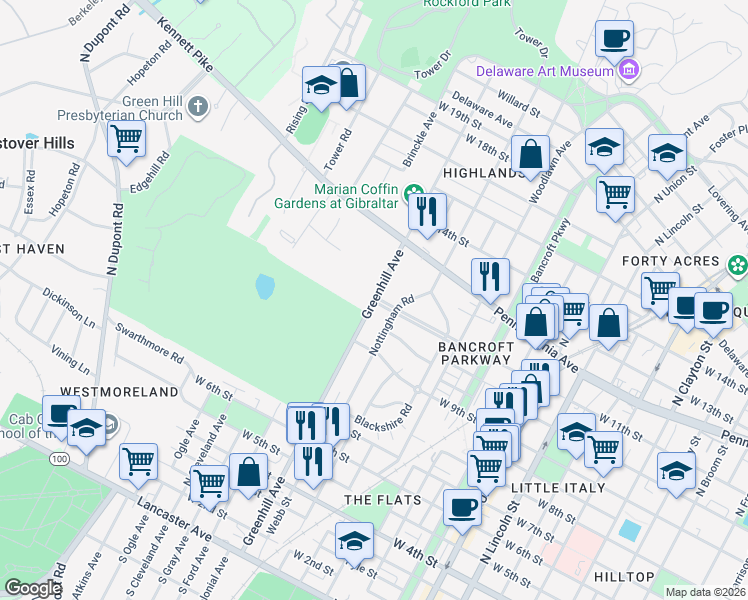 map of restaurants, bars, coffee shops, grocery stores, and more near Greenhill Avenue in Wilmington
