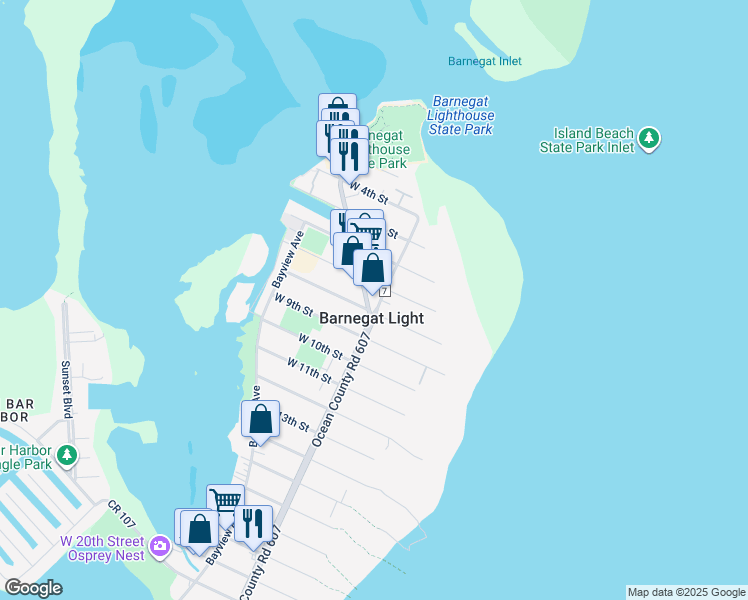 map of restaurants, bars, coffee shops, grocery stores, and more near 700 Broadway in Barnegat Light