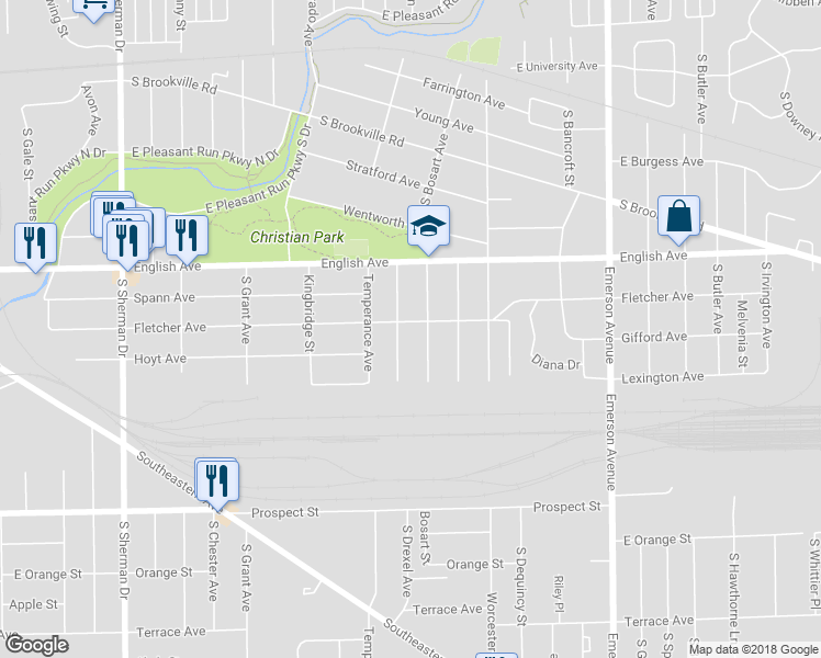 map of restaurants, bars, coffee shops, grocery stores, and more near 4535 Fletcher Avenue in Indianapolis