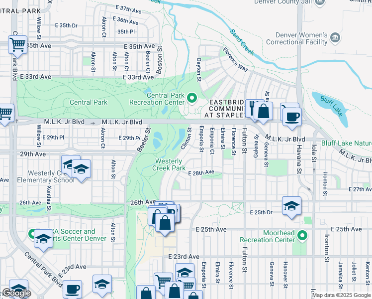 map of restaurants, bars, coffee shops, grocery stores, and more near 2823 Clinton Way in Denver