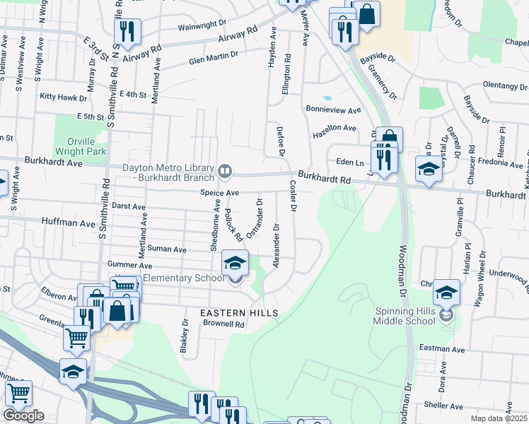map of restaurants, bars, coffee shops, grocery stores, and more near 514 Ostrander Drive in Dayton
