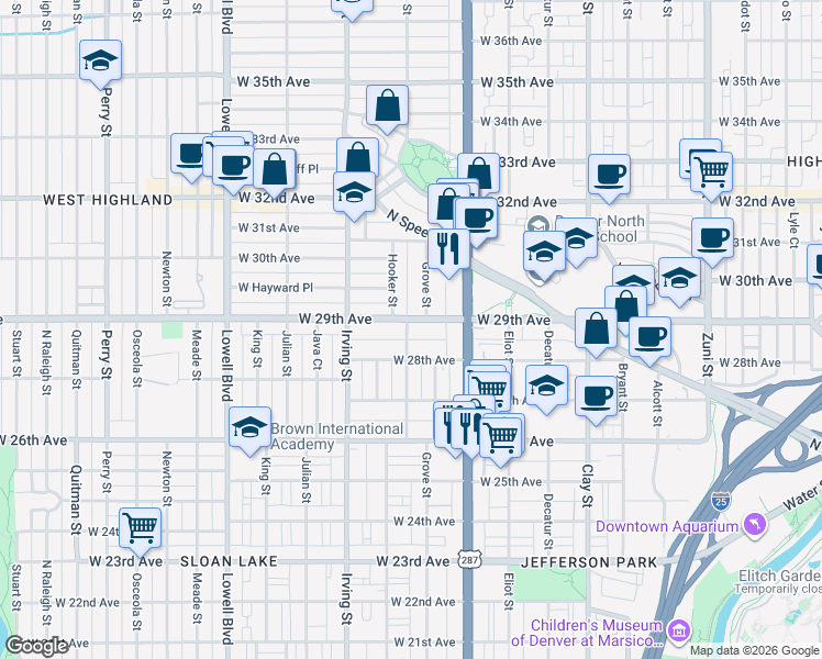 map of restaurants, bars, coffee shops, grocery stores, and more near 3115 West 28th Avenue in Denver