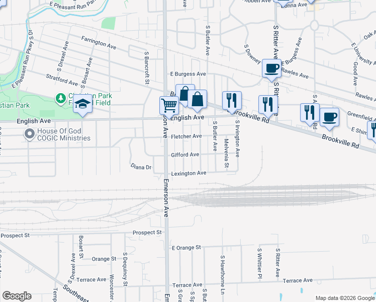 map of restaurants, bars, coffee shops, grocery stores, and more near 710 South Spencer Avenue in Indianapolis