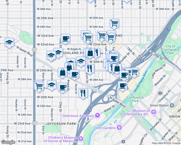 map of restaurants, bars, coffee shops, grocery stores, and more near 2880 Zuni Street in Denver